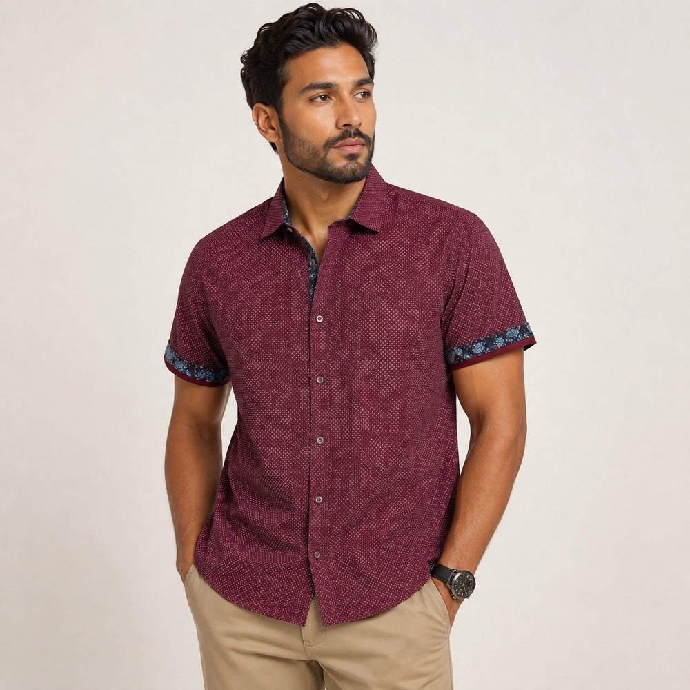 Denim & Flower Ricky Singh Men Large Burgundy Polka Dot Short Sleeve Button Down